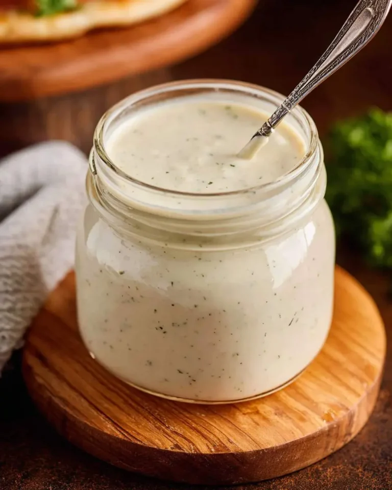 Creamy White Pizza Sauce in a glass jar with a silver spoon, placed on a wooden board with fresh herbs in the background.