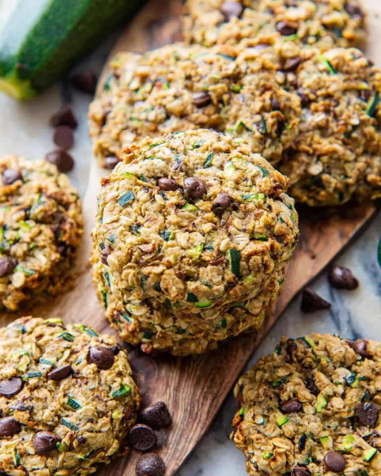 Stack of homemade Zucchini Bread Breakfast Cookies with oats and chocolate chips on a wooden board.