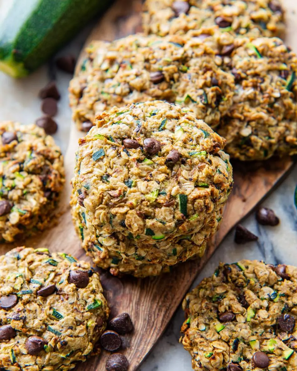 Stack of homemade Zucchini Bread Breakfast Cookies with oats and chocolate chips on a wooden board.