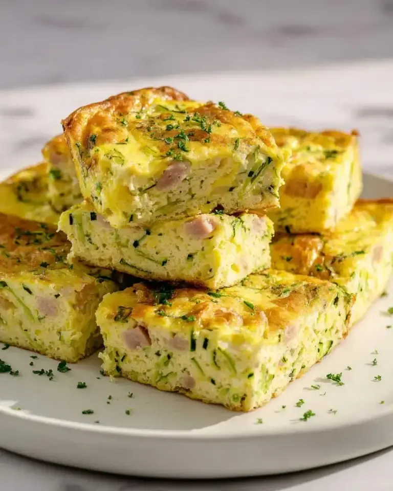 Stacked squares of golden zucchini egg bake with ham and herbs on a white plate.