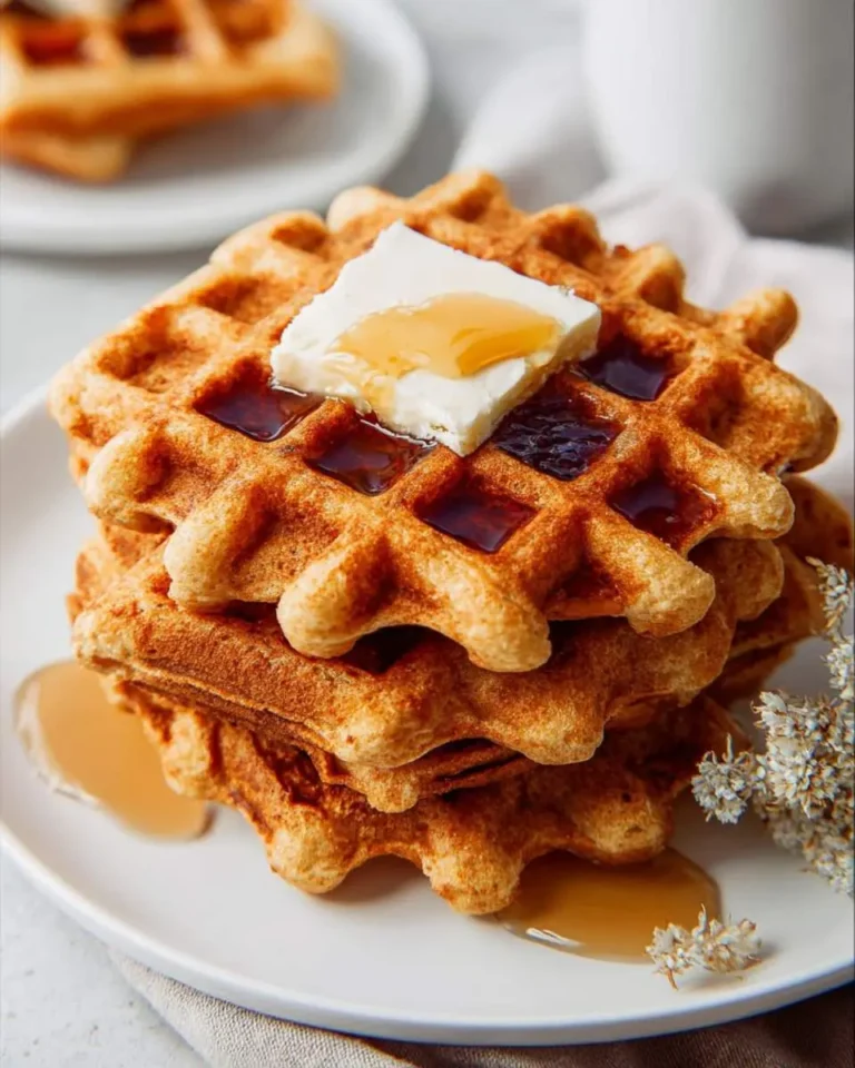 Stack of golden Almond Flour Waffles topped with butter and maple syrup on a white plate.