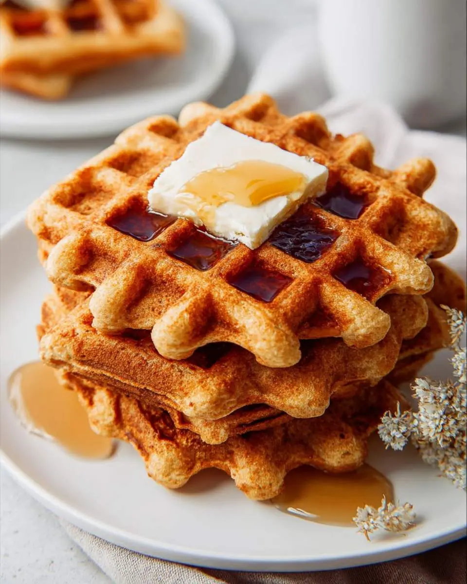 Stack of golden Almond Flour Waffles topped with butter and maple syrup on a white plate.