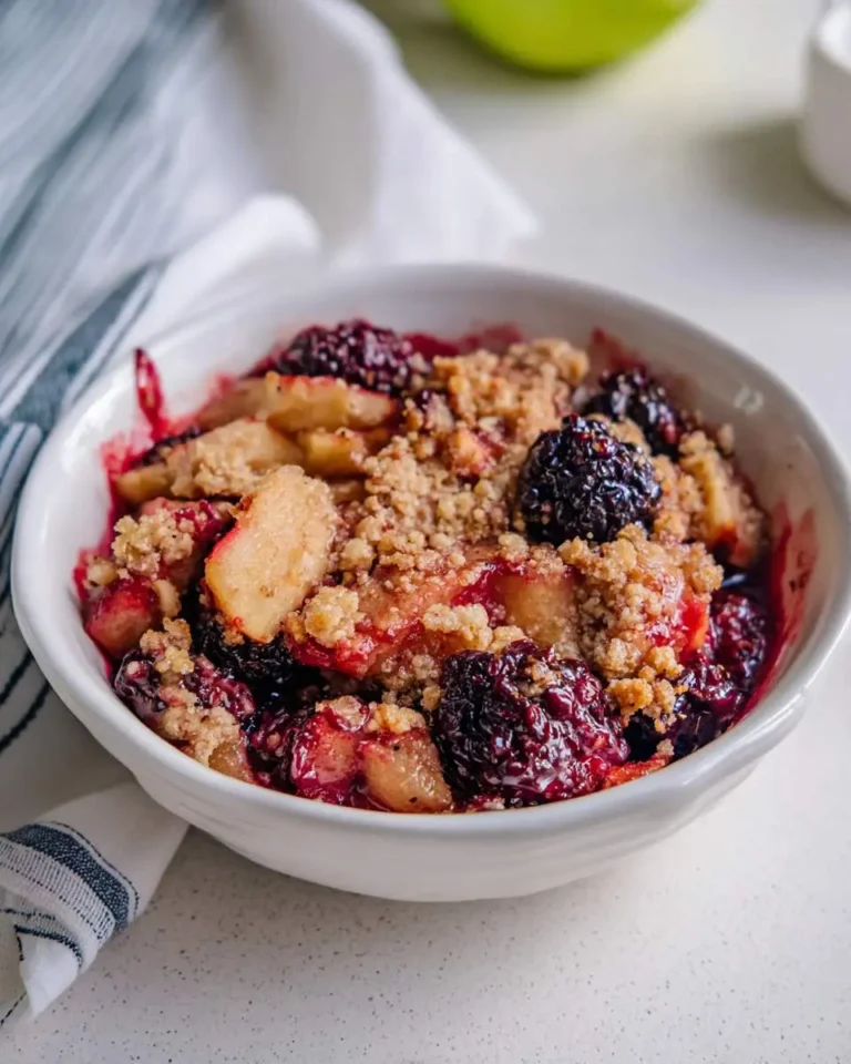 A warm bowl of Apple Blackberry Crumble with golden oat topping and juicy baked fruit.