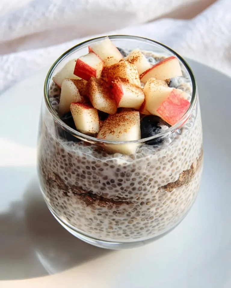 Apple chia pudding in a glass jar topped with fresh diced apples, blueberries, and a sprinkle of cinnamon.