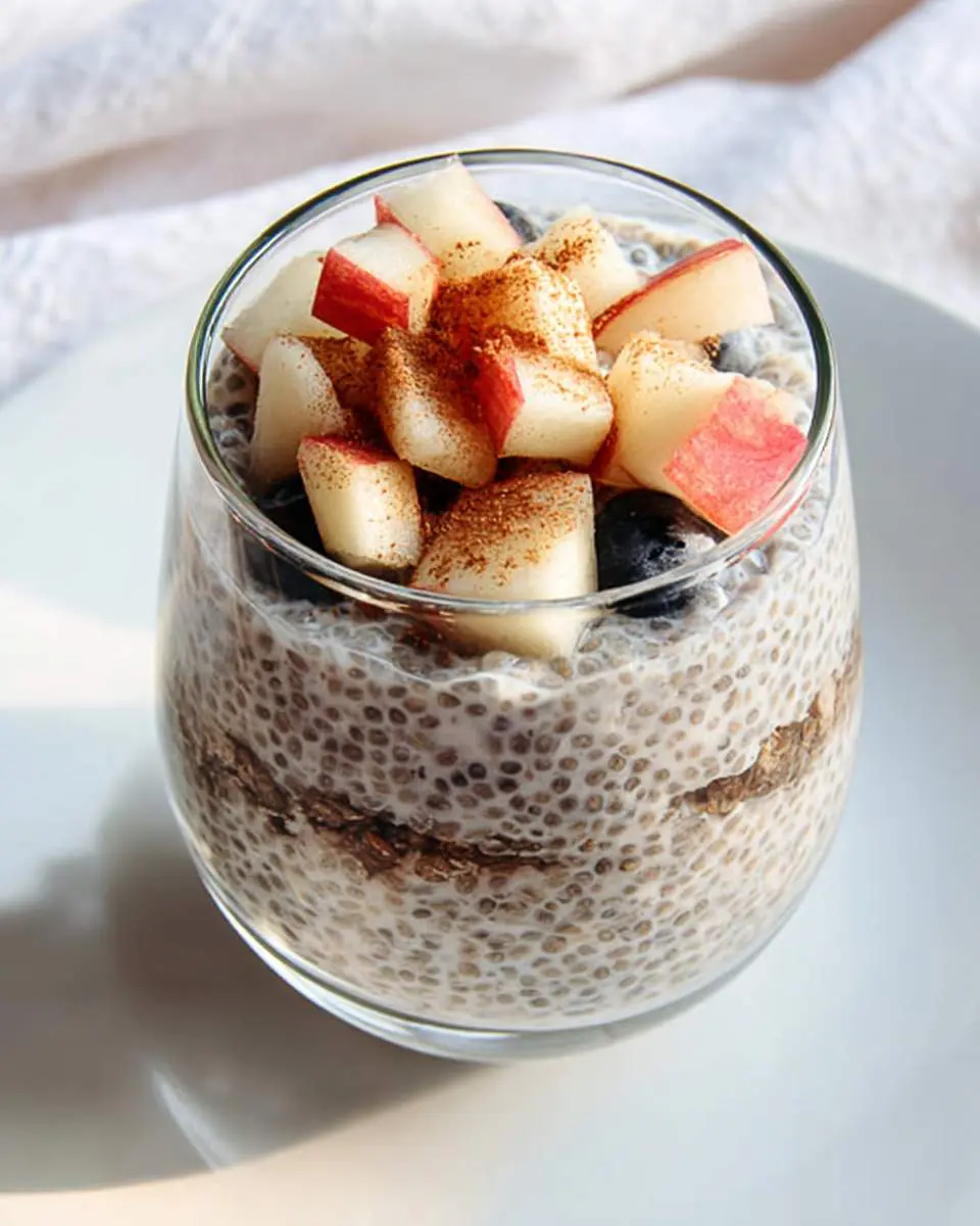 Apple chia pudding in a glass jar topped with fresh diced apples, blueberries, and a sprinkle of cinnamon.