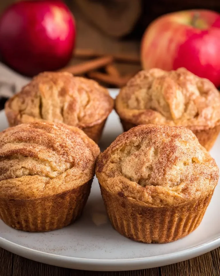 Four freshly baked apple cinnamon muffins topped with cinnamon sugar sit on a white plate with red apples in the background.