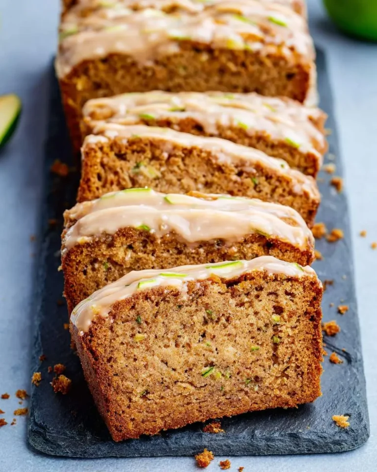 Sliced Apple Cinnamon Zucchini Bread with glaze on a slate serving board.