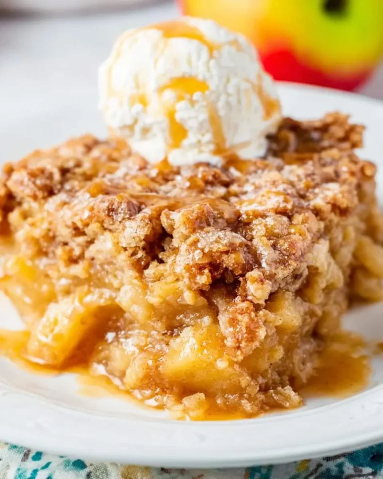 Warm Apple Dump Cake Recipe topped with vanilla ice cream and caramel drizzle on a white plate.