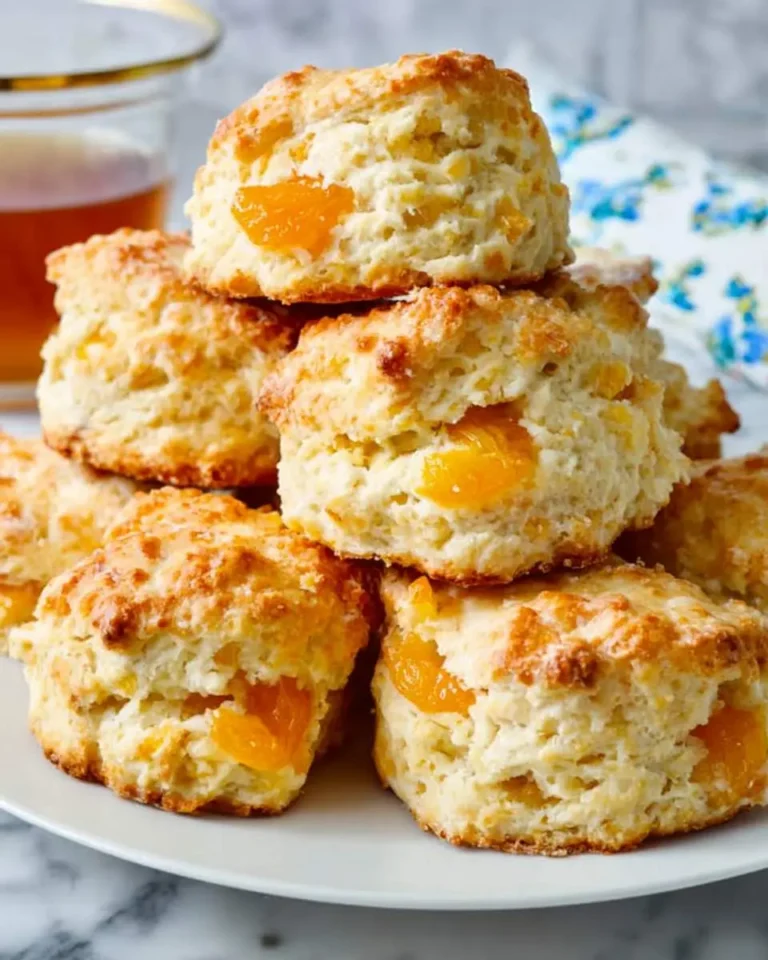 A stack of golden Apricot Coconut Scones with visible apricot chunks on a white plate.