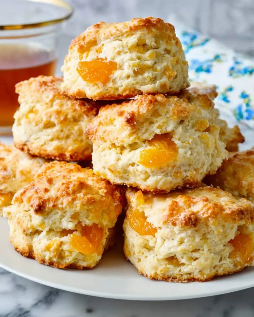 A stack of golden Apricot Coconut Scones with visible apricot chunks on a white plate.