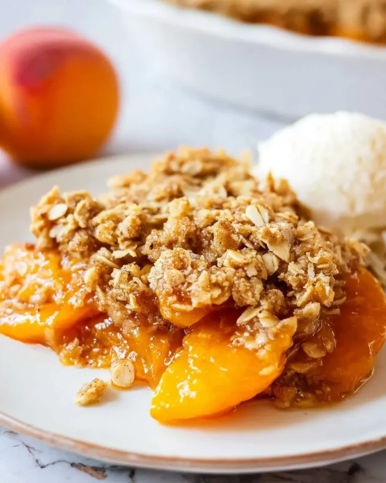 A serving of warm Apricot Crisp with Oat Crumble topped with vanilla ice cream on a white plate.