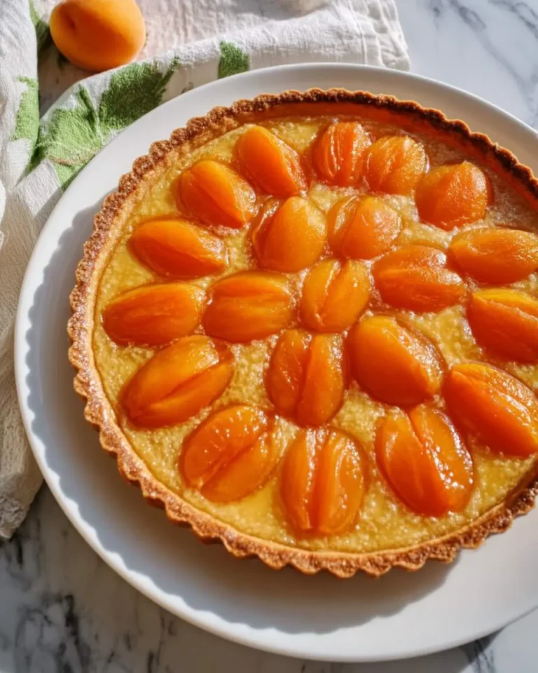 A beautifully baked Apricot Tart with glazed apricot halves arranged on a golden custard filling in a fluted crust.