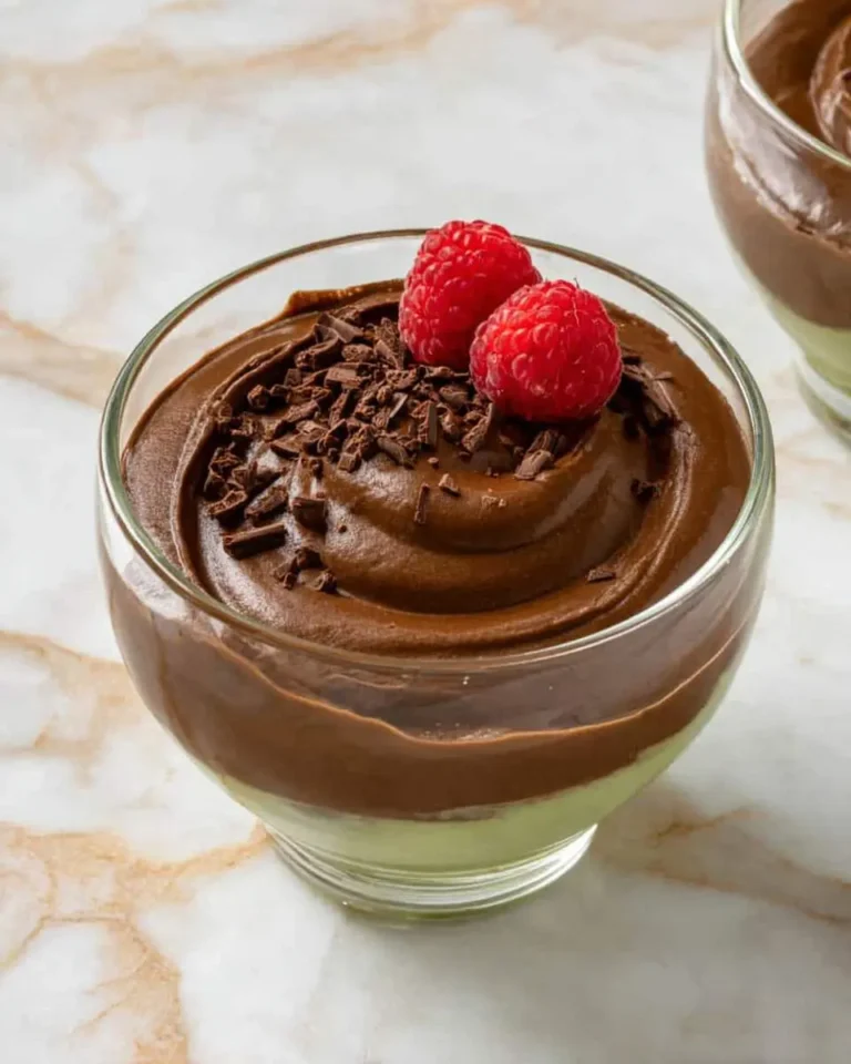 Creamy avocado chocolate mousse topped with chocolate shavings and fresh raspberries in a glass bowl.