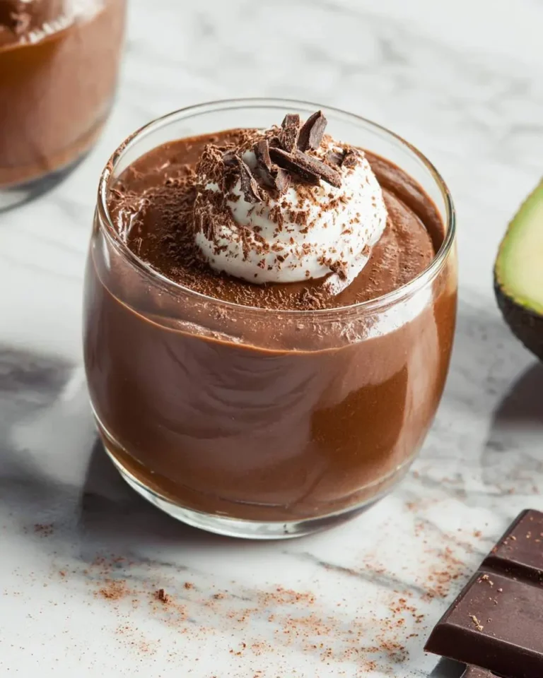 Creamy avocado chocolate pudding in a glass topped with whipped cream and chocolate shavings.