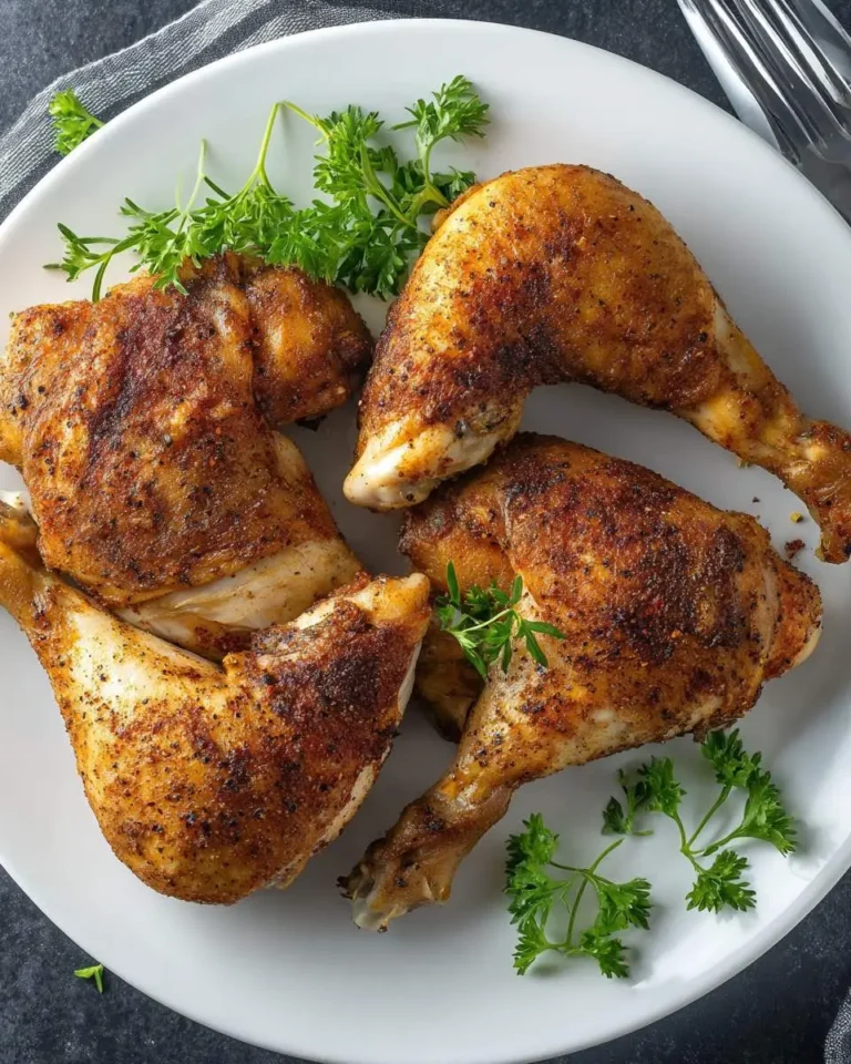 Four golden brown baked chicken leg quarters arranged on a white plate with fresh parsley garnish.