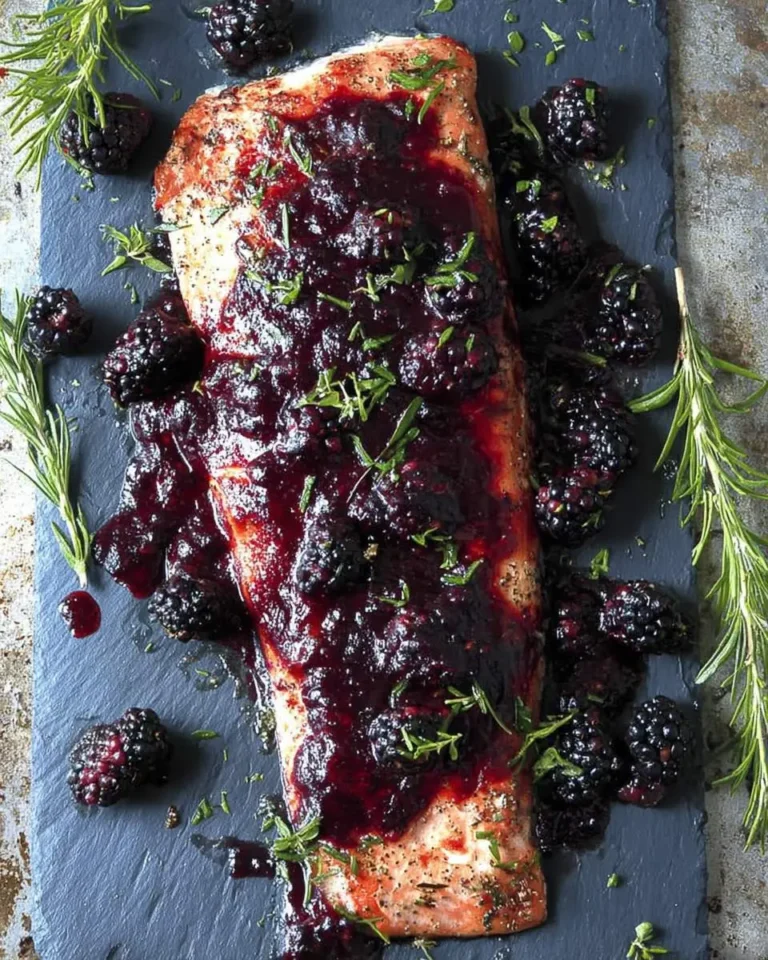 Baked salmon fillet topped with blackberry barbecue sauce, fresh herbs, and surrounded by blackberries on a slate board.