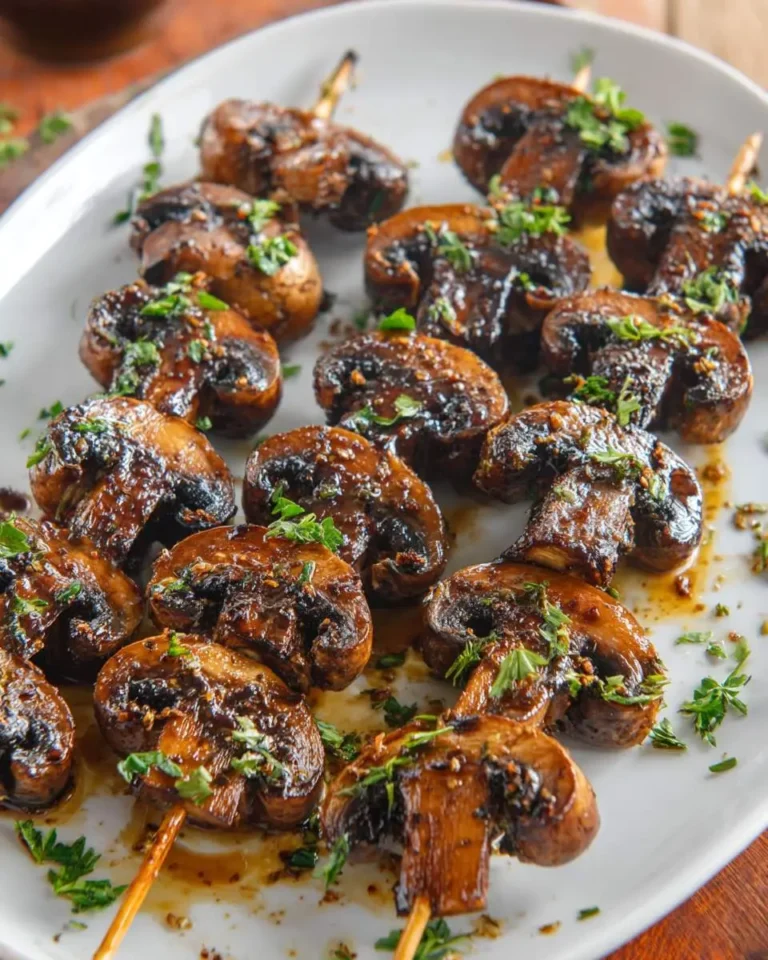 Grilled Balsamic Garlic Mushroom Skewers on a white plate garnished with fresh herbs.