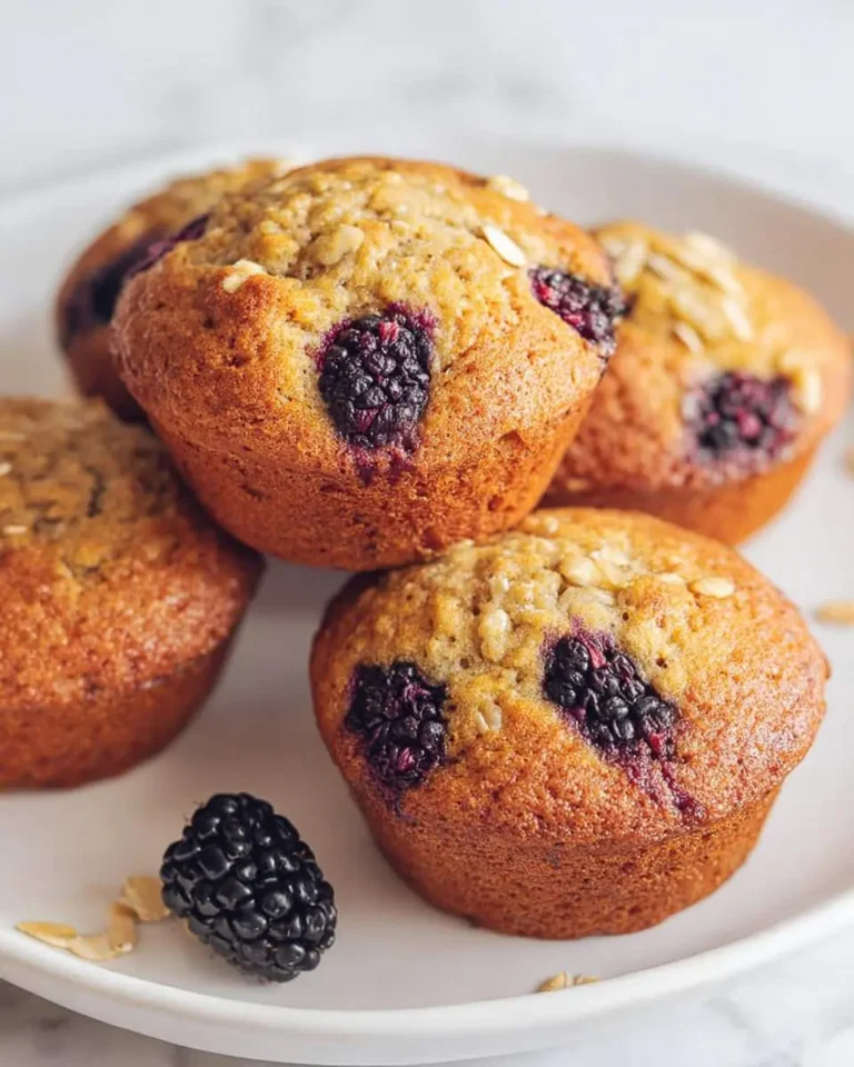 Golden brown banana blackberry muffins topped with oats, stacked on a white plate with fresh blackberries scattered around.