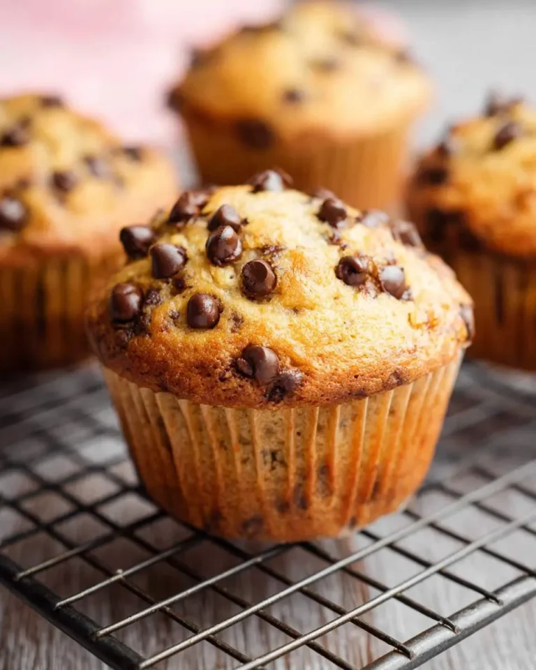 Freshly baked banana chocolate chip muffins cooling on a wire rack with golden tops and melted chocolate chips.