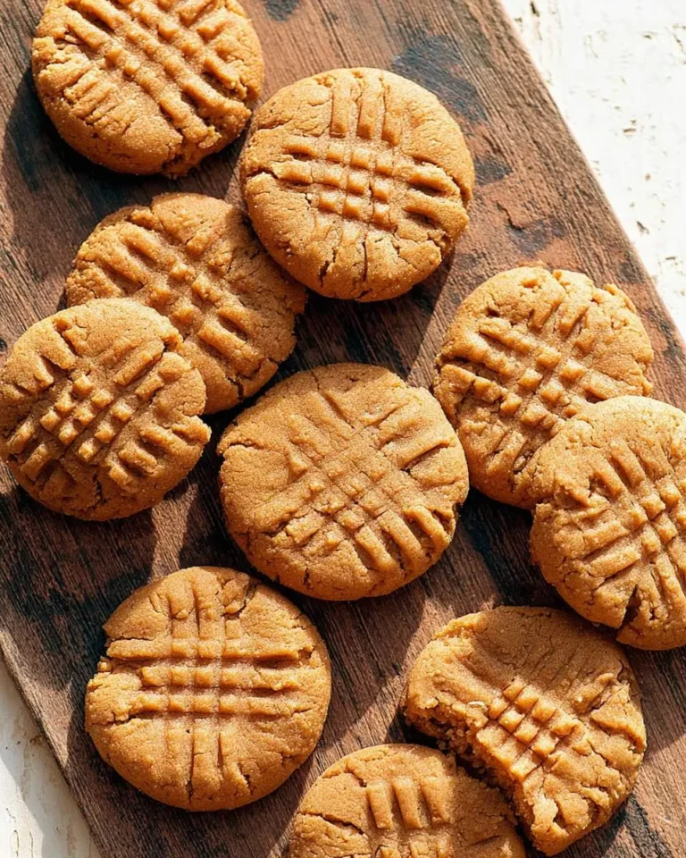 Homemade banana peanut butter cookies with classic crosshatch pattern arranged on a rustic wooden board.