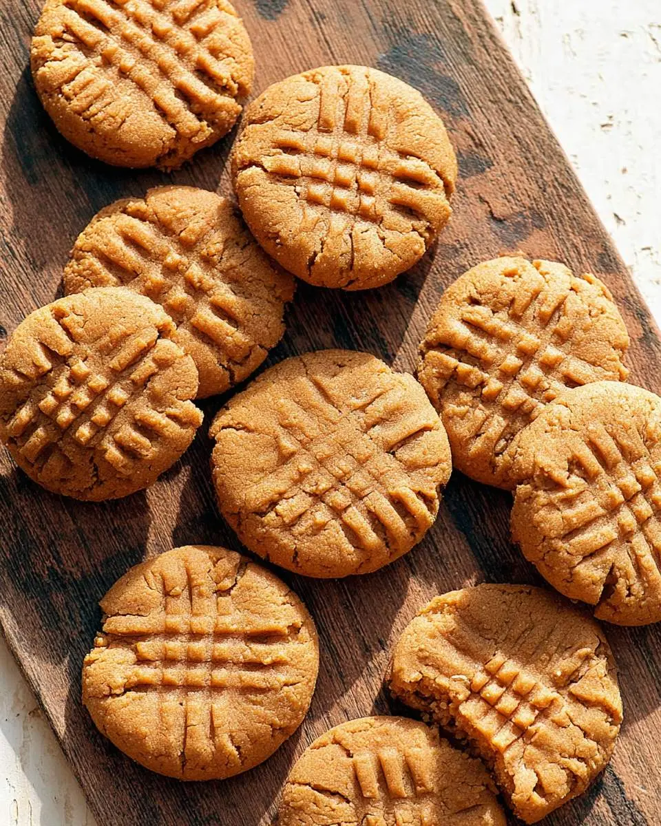 Homemade banana peanut butter cookies with classic crosshatch pattern arranged on a rustic wooden board.