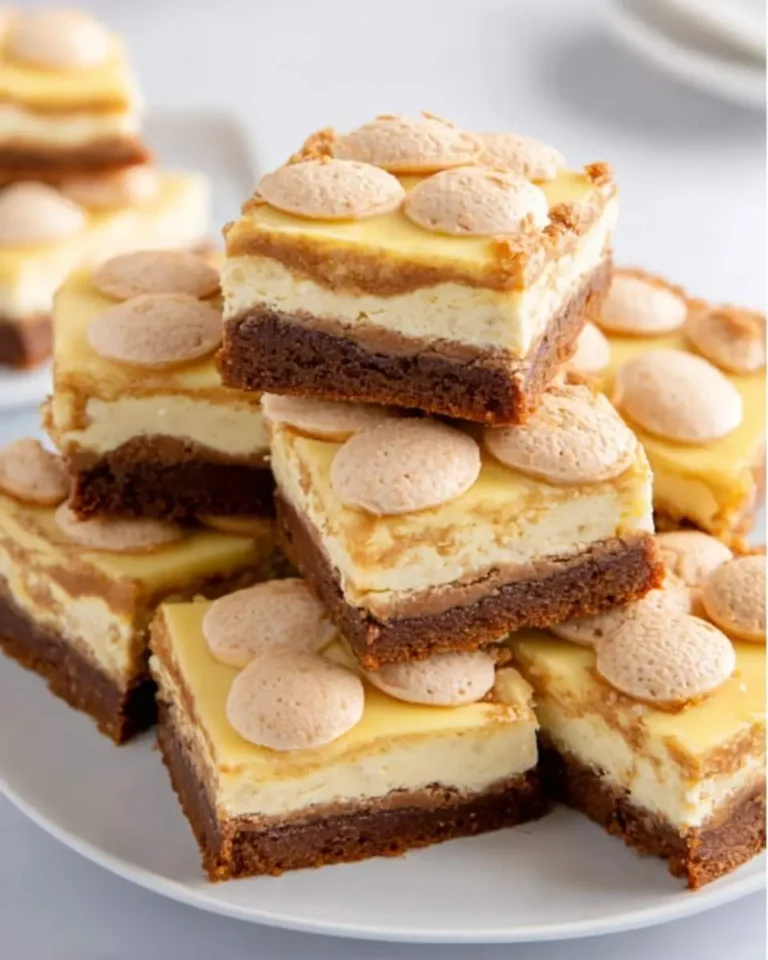 Stack of layered Banana Pudding Brownies topped with vanilla wafers on a white plate.