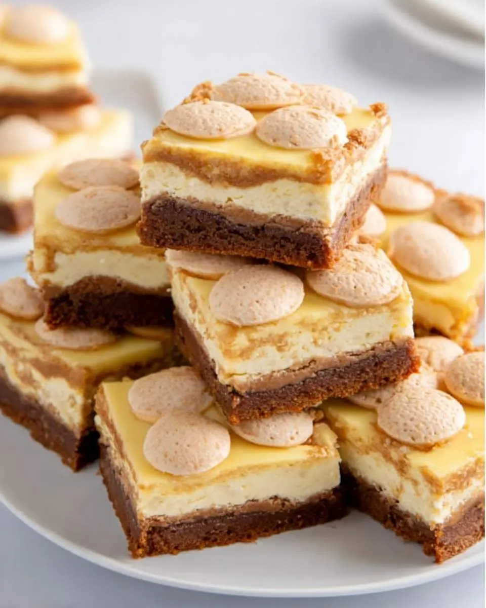 Stack of layered Banana Pudding Brownies topped with vanilla wafers on a white plate.