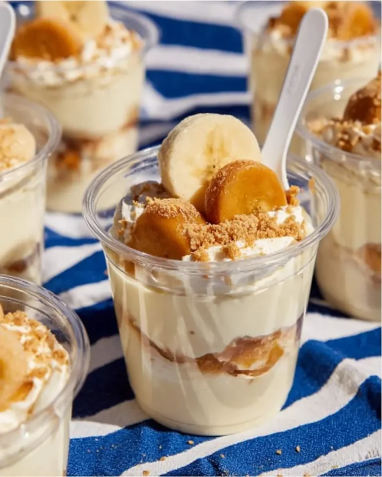 Individual Banana Pudding Cups layered with creamy pudding, vanilla wafers, fresh banana slices, and whipped topping in clear plastic cups.