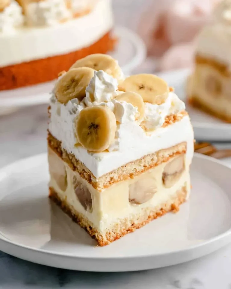 A slice of Banana Pudding Layer Cake with creamy filling, fresh banana slices, and whipped topping on a white plate.