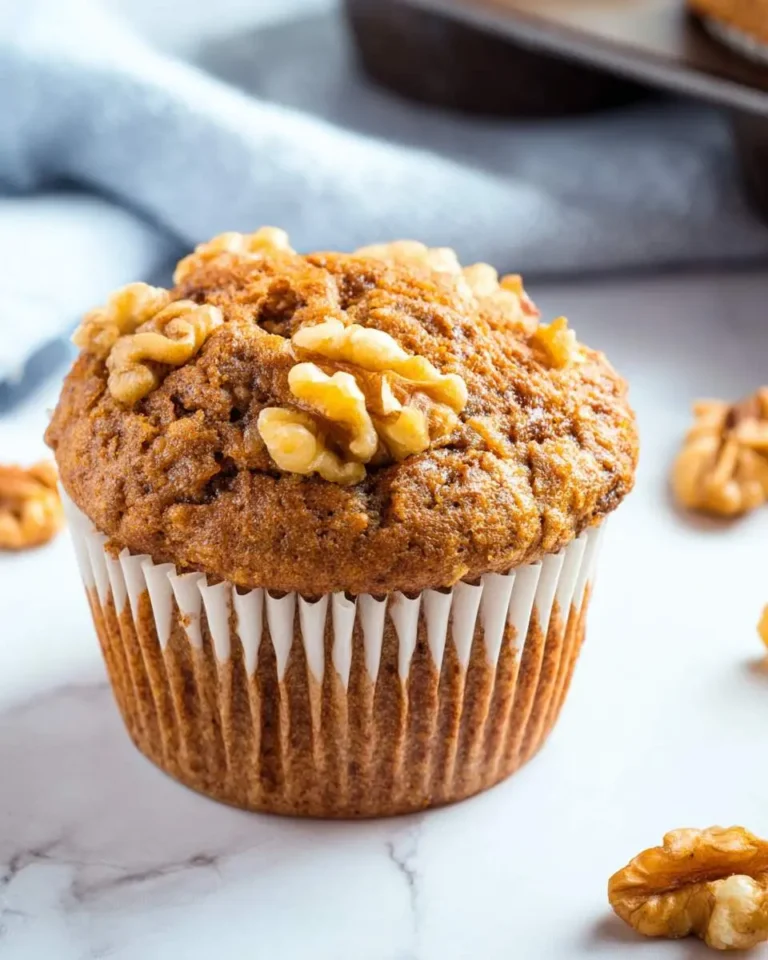 A freshly baked banana walnut muffin topped with crunchy walnuts sits on a marble surface.