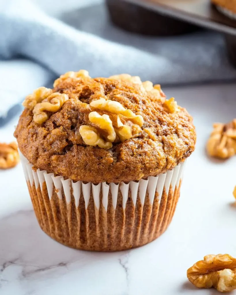 A freshly baked banana walnut muffin topped with crunchy walnuts sits on a marble surface.