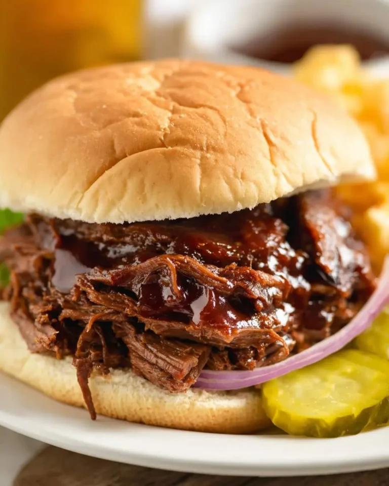 A saucy bbq beef sandwich on a soft bun with pickles and red onion on the side.