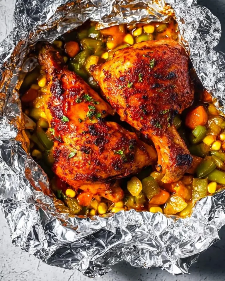Two seasoned BBQ chicken foil packets with roasted vegetables including corn, carrots, and green peppers in aluminum foil.