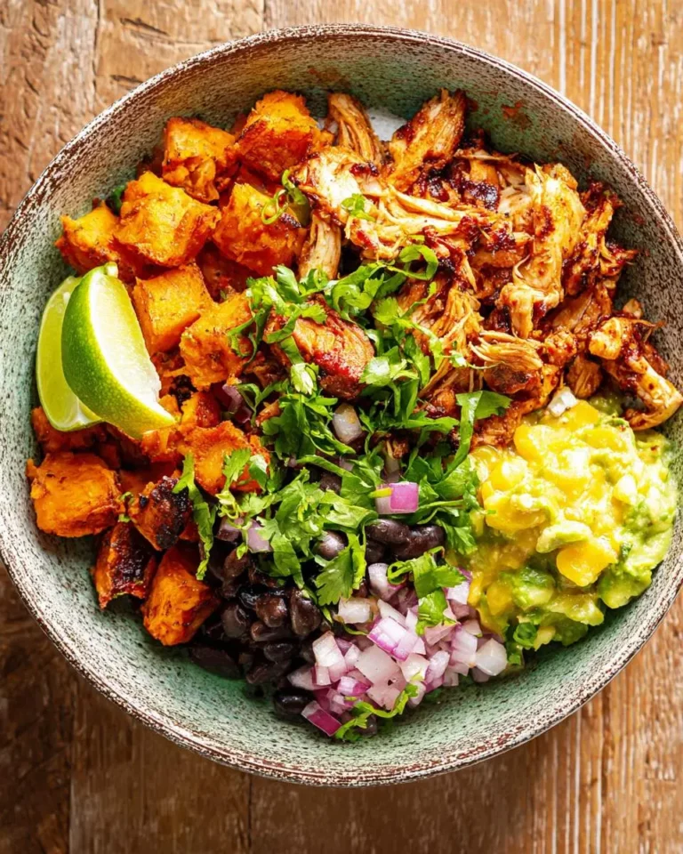 A colorful bbq chicken sweet potato bowl topped with lime, cilantro, black beans, red onion, and mango guacamole.