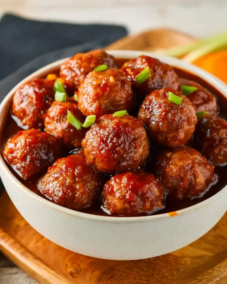 BBQ Meatballs Crockpot served in a white bowl, glazed with rich sauce and garnished with green onions.