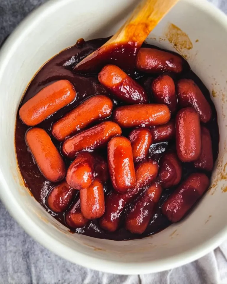 Mini sausages coated in thick barbecue sauce being stirred in a white slow cooker pot for bbq smokies crockpot.