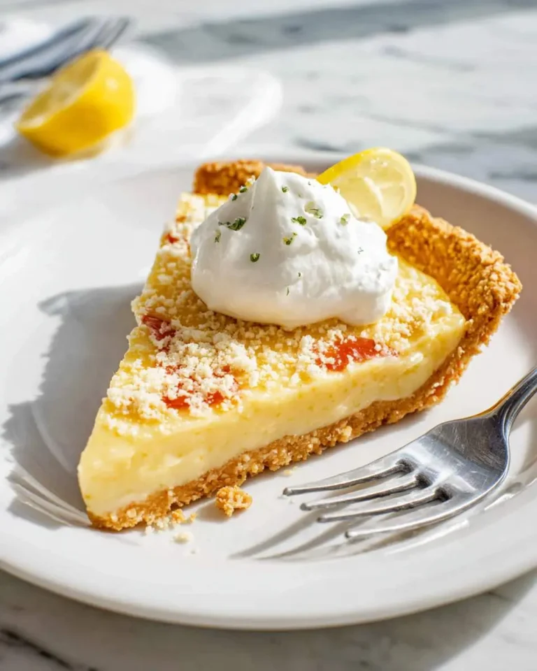 A slice of creamy Beach Pie topped with whipped cream, lemon zest, and a graham cracker crust on a white plate.