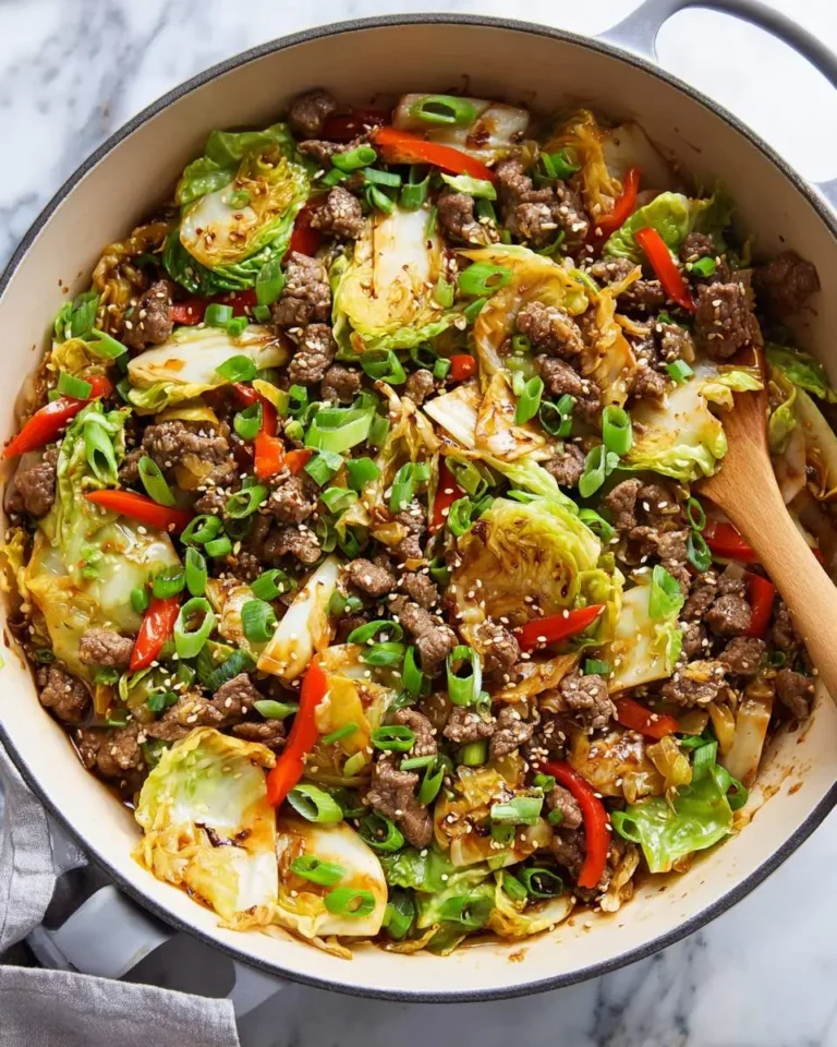 A Dutch oven filled with beef and cabbage stir fry topped with green onions and sesame seeds, with a wooden spoon.