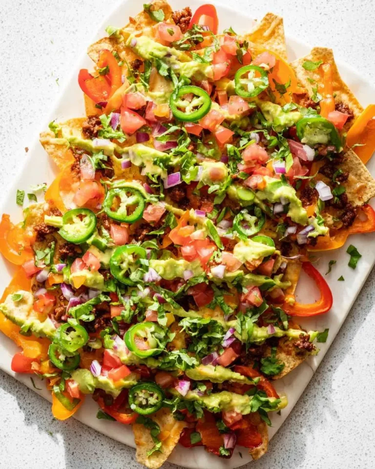 Colorful Bell Pepper Nachos loaded with ground meat, melted cheese, guacamole, diced tomatoes, red onions, jalapeños, and fresh cilantro on a white plate.