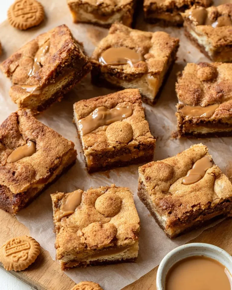 Freshly baked Biscoff Cookie Butter Blondies drizzled with melted cookie butter on parchment paper.