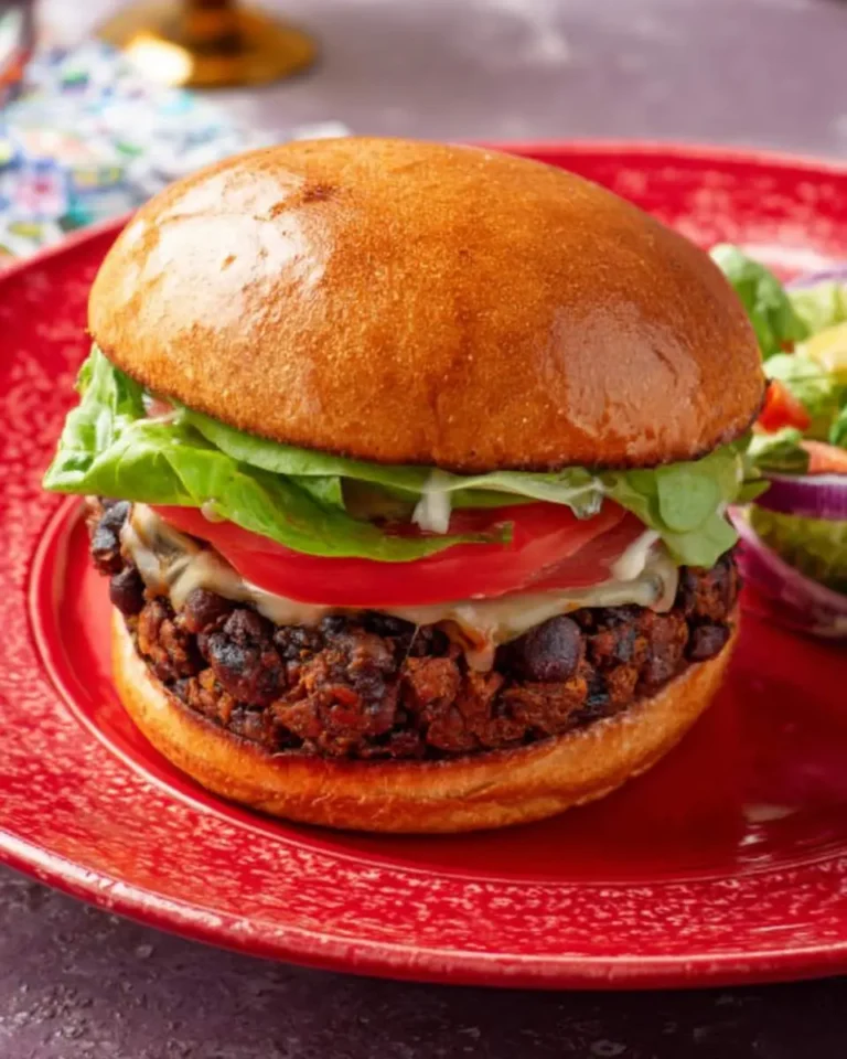 A delicious Black Bean Burger with melted cheese, lettuce, and tomato on a toasted bun served on a red plate.