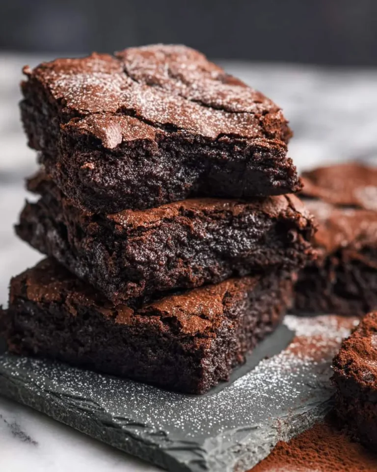 Stack of three fudgy black cocoa powder brownies with a crackly top, dusted with powdered sugar on a slate board.