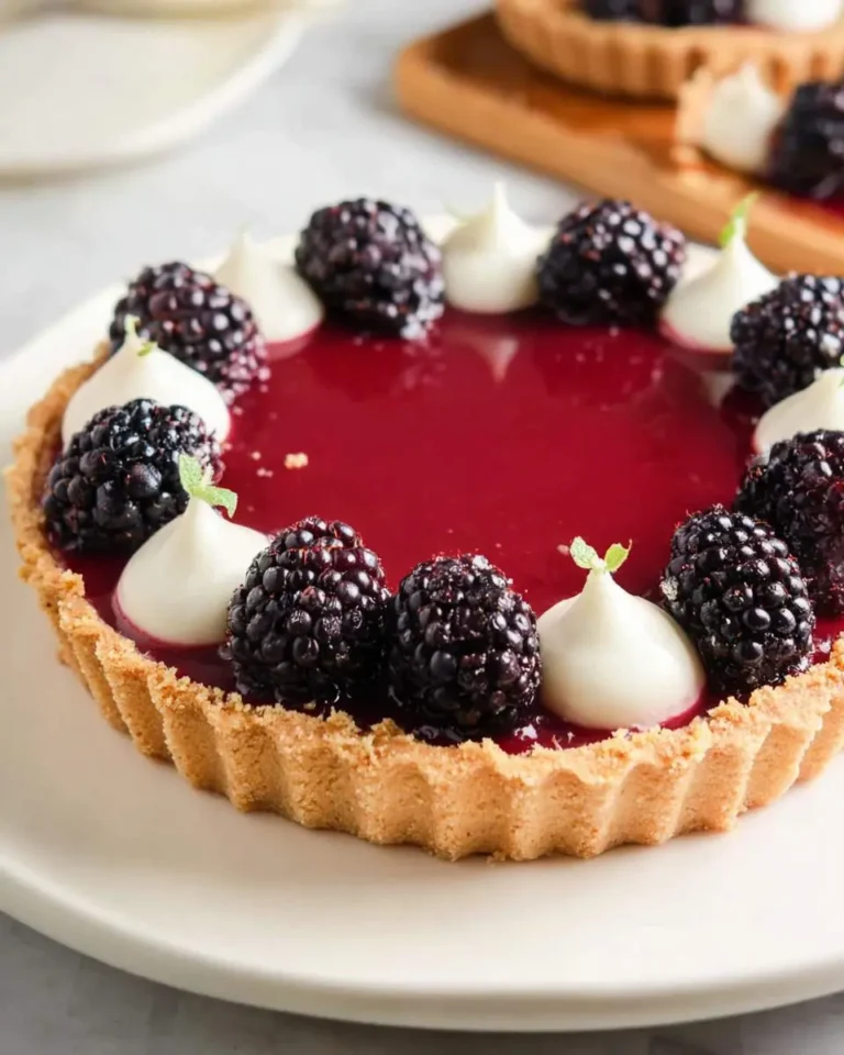 Blackberry Panna Cotta Tartlets with glossy berry glaze, fresh blackberries, and cream dollops on a fluted golden crust.
