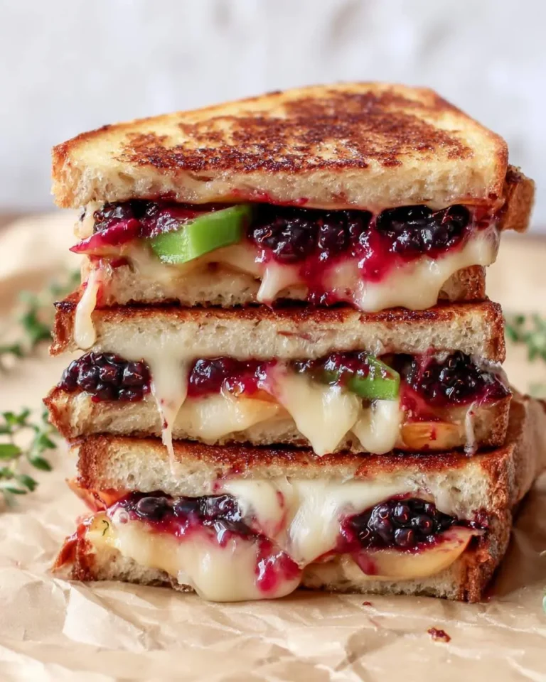 Stacked Blackberry Peach Grilled Cheese sandwiches with melted cheese, fresh blackberries, peach slices, and green peppers.