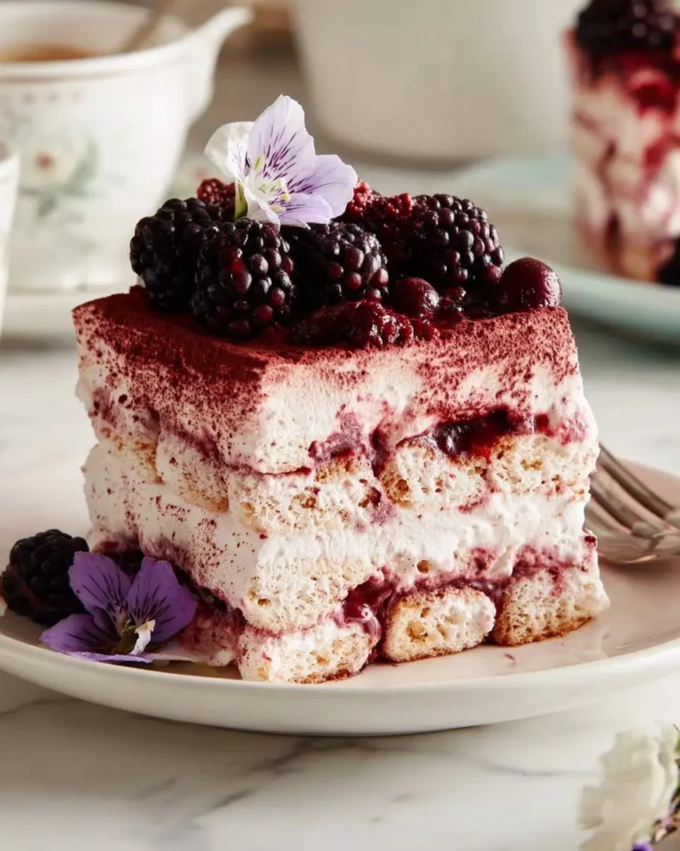 A slice of Blackberry Tiramisu topped with fresh blackberries and edible flowers on a white plate.