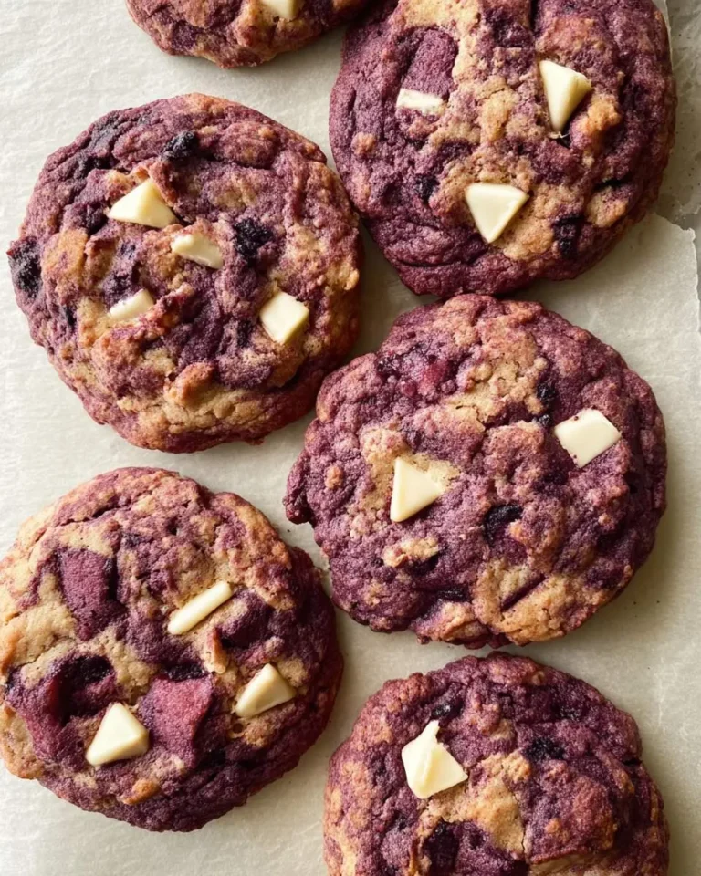 Freshly baked Blackberry White Chocolate Chip Cookies with purple swirls and white chocolate chunks on parchment paper.