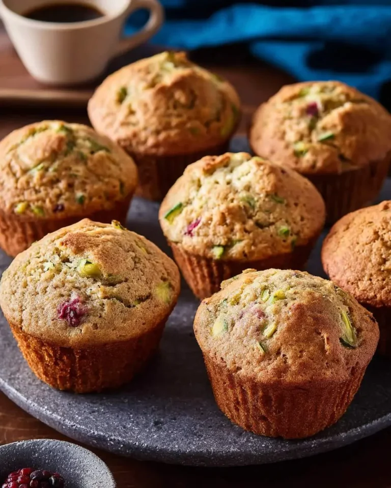 Freshly baked blackberry zucchini muffins arranged on a dark serving platter with a cup of coffee in the background.