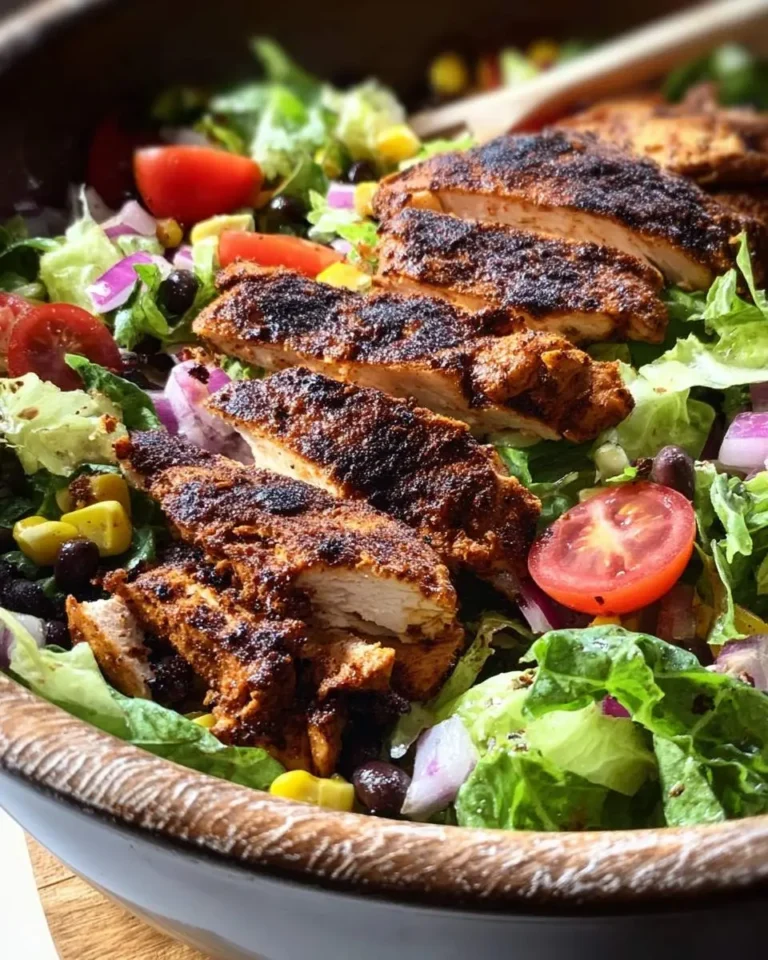 Sliced blackened chicken salad with fresh lettuce, tomatoes, corn, black beans, and red onion in a wooden bowl.
