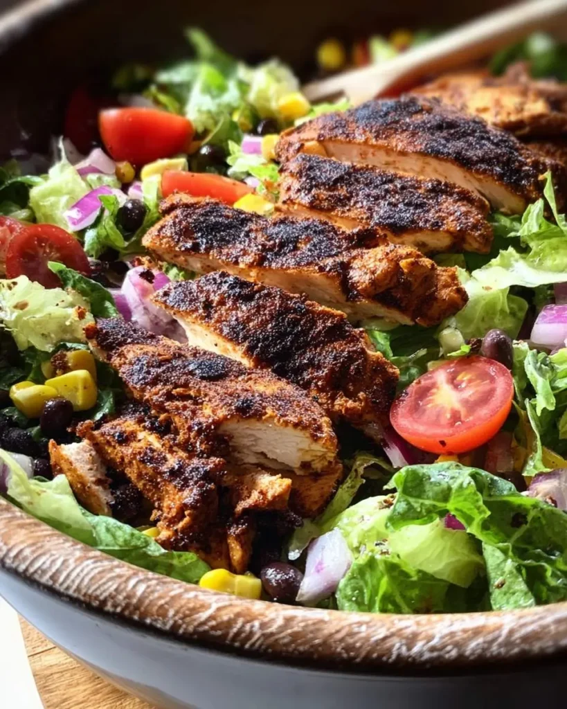 Sliced blackened chicken salad with fresh lettuce, tomatoes, corn, black beans, and red onion in a wooden bowl.