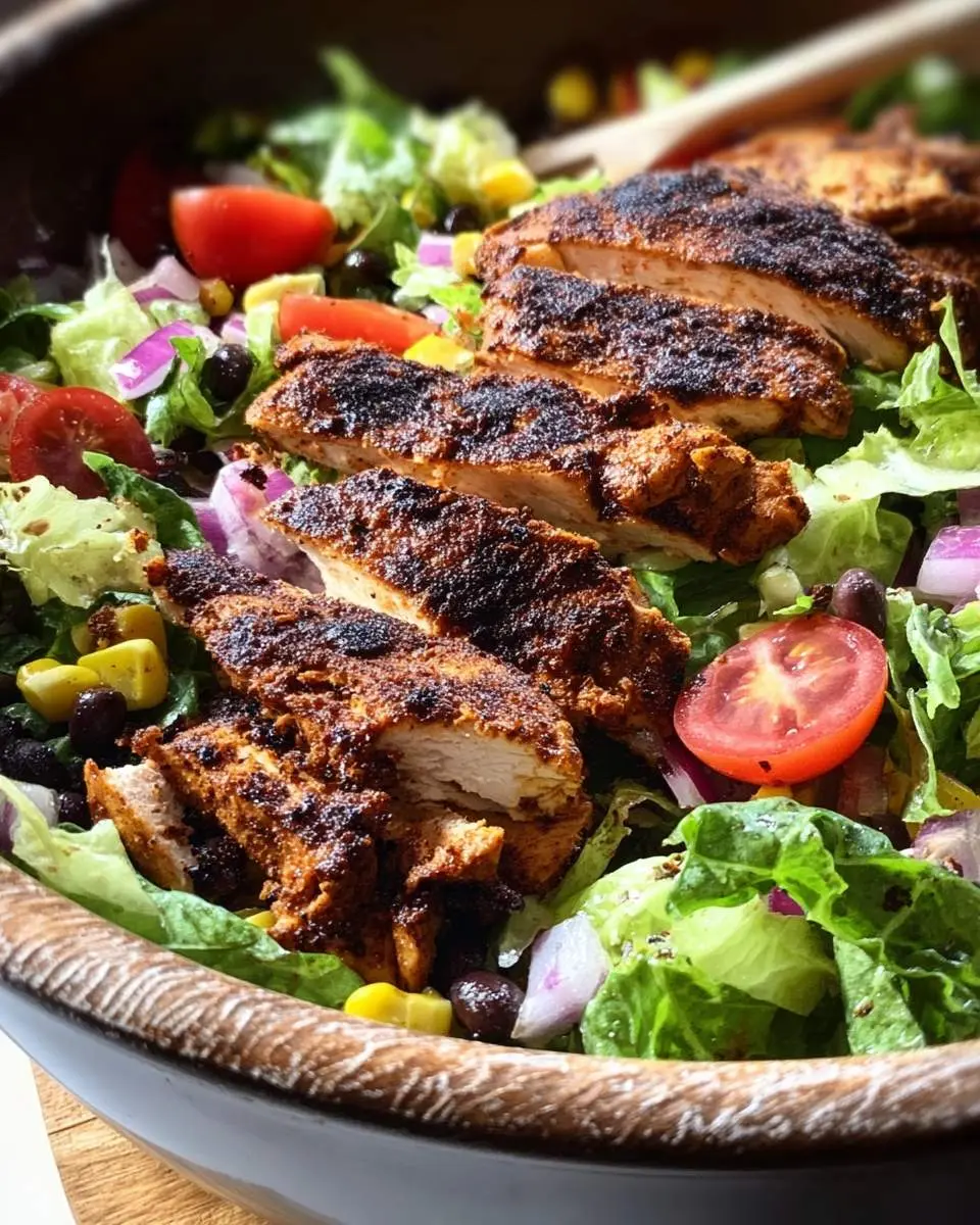 Sliced blackened chicken salad with fresh lettuce, tomatoes, corn, black beans, and red onion in a wooden bowl.